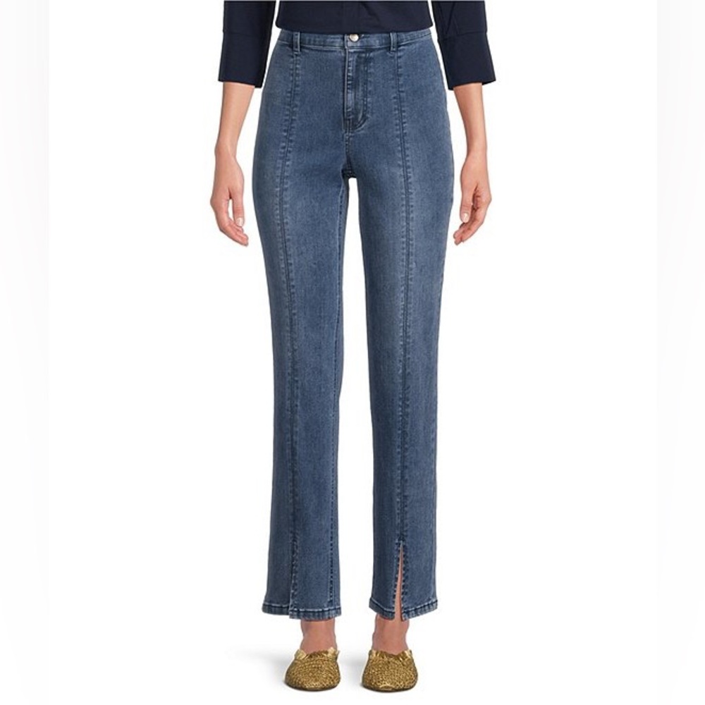 High-Rise Straight Leg Jeans with Front Seam and Hem Slit - Blue